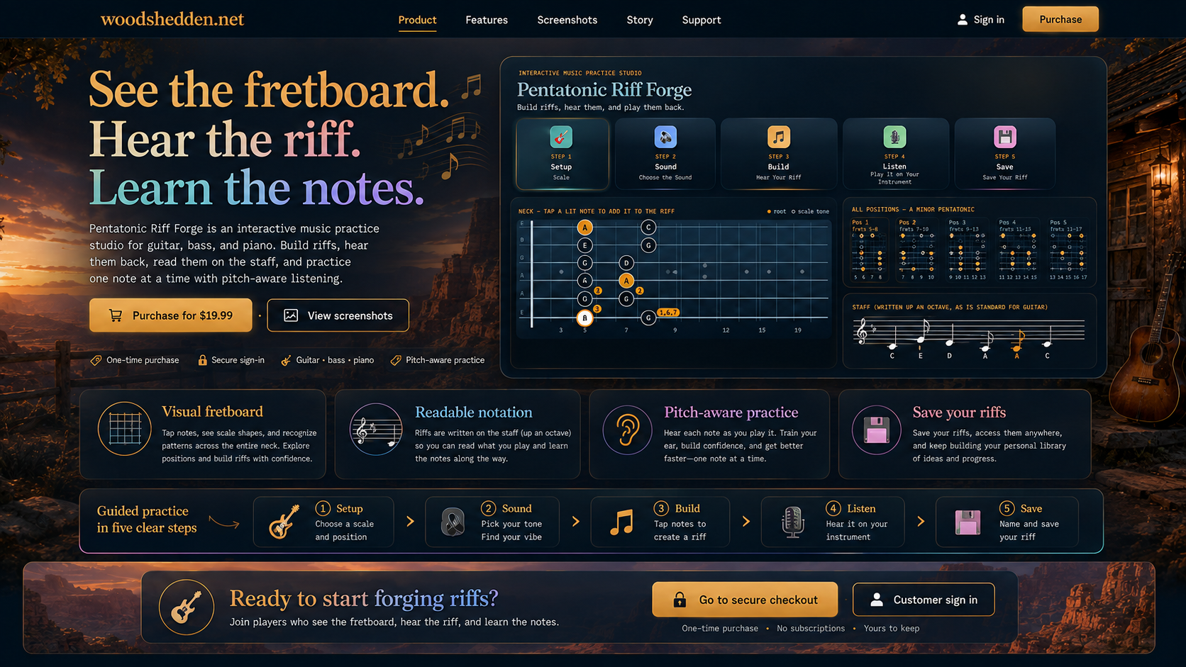 Pentatonic Riff Forge | Woodshedden.net visual sales page